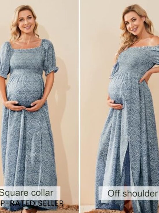 Floral Maternity Maxi Dress Puff Sleeve Square Neck Boho Chic A-Line - Picture 5 of 6